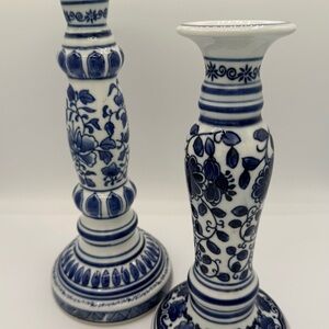 Dechang Taoci Blue and White Floral Ceramic Candle Holders - Pair